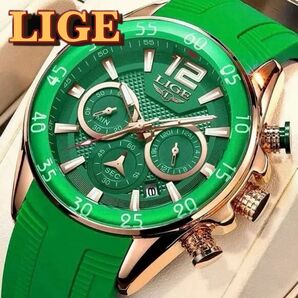 新品 LIGE オマージュクロノグラフ ウォッチ シリコンストラップ メンズ腕時計 グリーン 8934