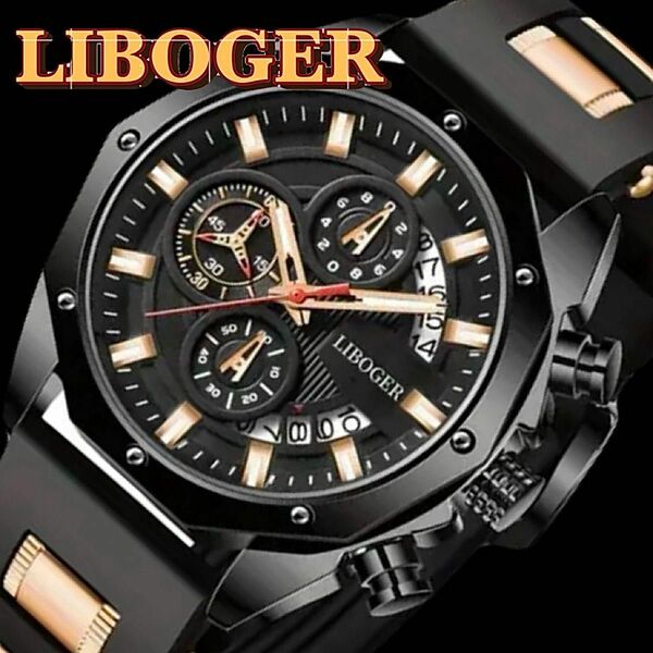 新品 LIBOGERオマージュクウォッチ ラバーストラップ メンズ腕時計 ブラック