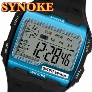 新品 SYNOKE ビッグフェイスデジタル 防水 デジタルストップウォッチ メンズ腕時計 スクエア メタリックブルー