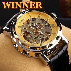 新品 WINNER 自動巻機械式腕時計 ジルコニアデザイン メンズウォッチ ゴールド レザーベルト
