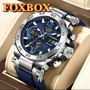 新品 FOXBOX デュアルウォッチ50M防水メンズ腕時計 ラバーストラップ ブルー＆シルバー