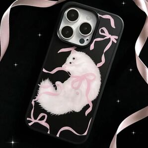 iPhoneケース 猫 リボン ブラック ピンク かわいい 韓国 ネコ ねこ シンプル 量産型 地雷系