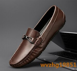  Loafer slip-on shoes men's leather shoes new goods sneakers cow leather driving shoes Father's day gift original leather ventilation leather shoes Brown 24.0cm