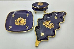 1円～スタート【美品】LIMOGES リモージュ 金彩 コバルト ブルー 3点おまとめ・フタ付き小物入れ・リーフ皿・灰皿【保管品】