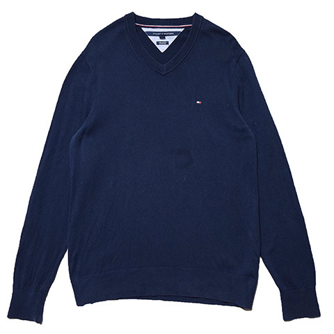 【L】 トミーヒルフィガー ピマコットン Vネック セーター ネイビー 紺色 メンズL TOMMY HILFIGER アメカジ 古着 BJ1503