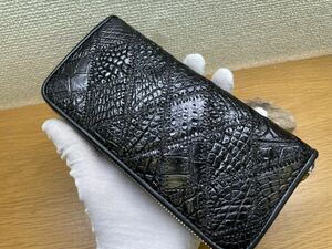 1円 新品【クロコダイルレザー】ワニ革 腹革 長財布 ラウンドファスナー 本物 財布 クロコダイル 貴重 ブラック黒色