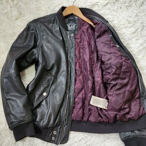 美品 DIESEL【高級ライン SUPERIOR 希少サイズ L】ディーゼル レザージャケット MA-1 フライトジャケット ラムレザーボルドー 黒 ブラック