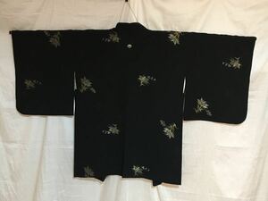 絵羽織　羽織　正絹　黒地　地模様　女性和装　和服　袷　古布　リメイク材料　紋付