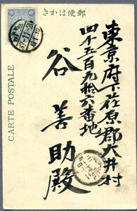 【記念絵葉書 丸二印】菊1銭5厘うす青貼 記念葉書、日露戦役第1回(鴨緑江の砲戦）東京・三田 明治37年11月20日丸二印【まとめ発送可能】