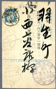 【鉄郵印】震災1銭5厘はがき 東京直江津間 昭和3年3月14日 東・横 上便【まとめ発送可能】