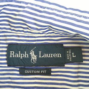 古着 90s Ralph Lauren 「CUSTOM FIT」 青×白 ストライプ 3点留 BD シャツ L 古着の画像6