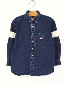 キッズ 古着 90s TOMMY HILFIGER 「T」 メッシュ パッチ 刺しゅう 濃紺 デニム BD シャツ 7歳位 古着