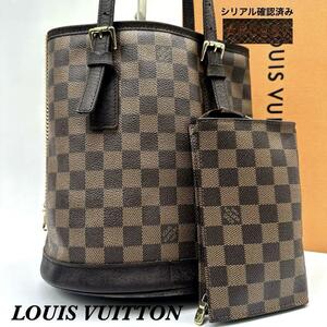 1円◎ 極美品 鑑定済 LOUIS VUITTON ルイヴィトン ダミエ マレ エベヌ N42240 ポーチ付き バケツ トート ショルダー 肩掛け ハンドバッグ 