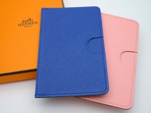 1000円スタート カードケース2点 HERMES エルメス PORTE CARTES レザー 革 ピンク/ブルー系 箱付 名刺入れ 服飾小物 レディース 1 U714