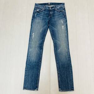 YH0076 USA製 7 for all mankind デニム パンツ ジーンズ ダメージ 色落ち ビジュー 26 コットン混 万能 お洒落 カジュアルデニムコーデ