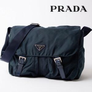 ★1円スタート★PRADA プラダ ファブリックショルダーバッグ ショルダーバッグ 斜め掛け ナイロン レザー ネイビー 系 シルバー金具 エ2-2