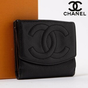 ★美品★CHANEL シャネル キャビアスキン 三つ折り財布 コンパクトウォレット レザー ブラック ココマーク レディース107 