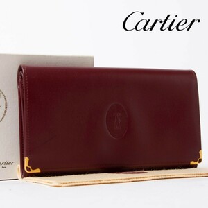 極美品★Cartier カルティエ 長財布 二つ折り がま口 マストライン レザー ボルドー レッド系 財布 レディース　メンズ　1-10