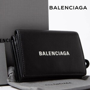 ★美品★BALENCIAGA バレンシアガ 594312 キャッシュ ミニ レザー 三つ折り 財布 ミニウォレット 小銭入れ 札入れ ブラック系 1-10