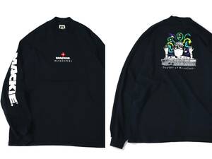 [L] 90s Mackie 両面 プリント モックネック 長袖 Tシャツ USA製 Cotton Deluxe ブラック 黒 アート 企業 bose ビンテージ vintage