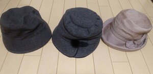 ☆帽子３点セット☆サイドリボン薄い茶色S56cm＆ダークグレー色ウールSS＆ブラックデニム53cm☆３点セット☆小さめサイズ帽子☆