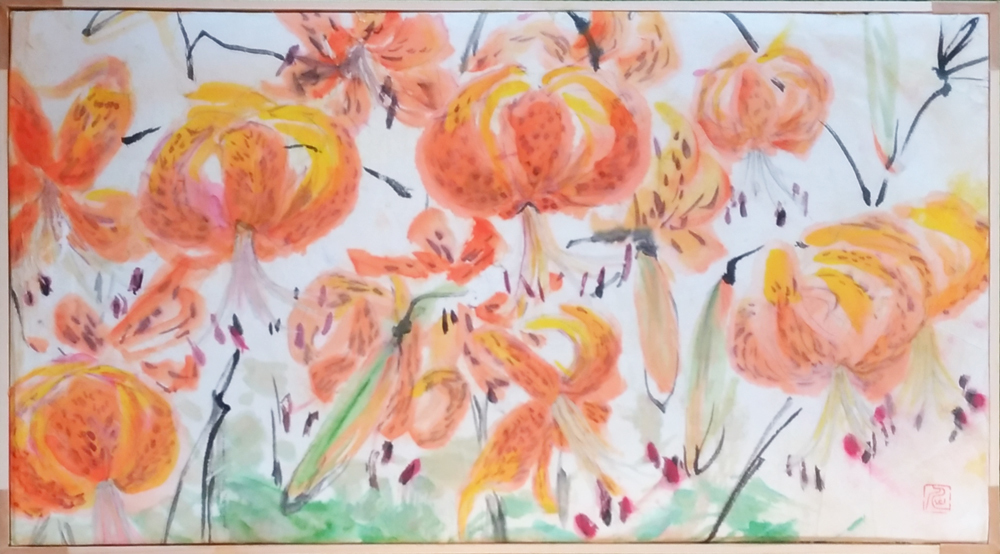 سومي إي, سومي إي, لوحة Sumi-e لوحة زنبق النمر الداخلية الحديثة معلقة على الحائط لوحة فنية أصلية فريدة من نوعها مقاس 42.5 × 23.5 سم أصلية, عمل فني, تلوين, الرسم بالحبر