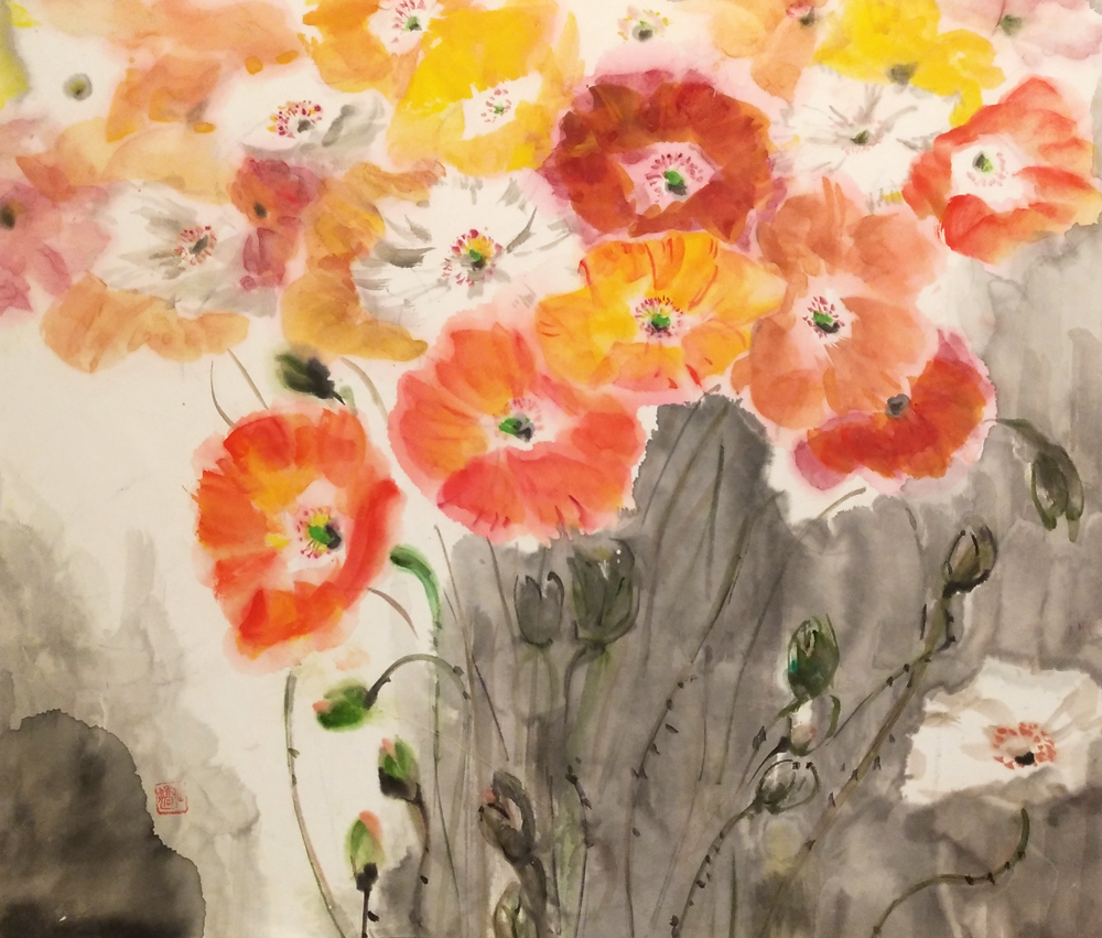 Sumi-e, sumi-e, sumi-e peinture Anémone ~ Fleur de Vent Vol.2 Peinture Intérieur Moderne Tenture Murale Original Art Panneau 53.0x45.5cm Authentique, Ouvrages d'art, Peinture, Peinture à l'encre