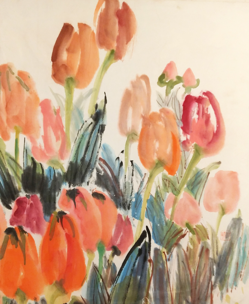 Sumi-e, sumi-e, sumi-e peinture Grappes de tulipes peinture intérieur mur moderne suspendu original panneau d’art unique en son genre 38.0x46.0cm authentique, Ouvrages d'art, Peinture, Peinture à l'encre