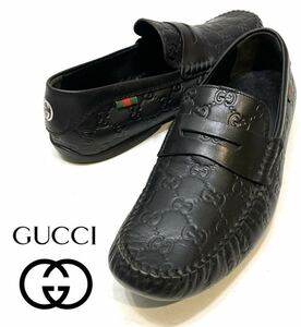 GUCCI シマ GG総柄 レザーモカシンシューズ 170618 グッチ ドライビングシューズ スリッポン ローファー シェリーライン ブラック 7 1/2