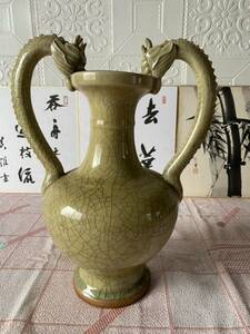 中国古玩　青磁　双龍瓶 鳳首瓶　唐物 時代物
