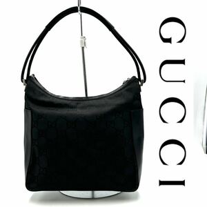 1円〜　【美品】　GUCCI グッチ　ハンドバッグ　オールドグッチ　GGキャンバス　レザー　黒　ブラック　シリアルナンバー有　K163