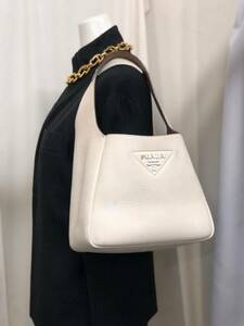 1円〜【人気】PRADA プラダ ダイナミックレザー ロゴ ハンドバッグ トートバッグ ダイノ 三角ロゴ ホワイト ブラウン シルバー 白タグ S011