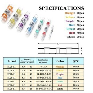 7種類300個セット　防水圧着スリーブ　はんだスリーブ　熱収縮チューブ 熱圧着端子　防水ハンダ 絶縁圧着端子 熱収縮のバットコネクター 