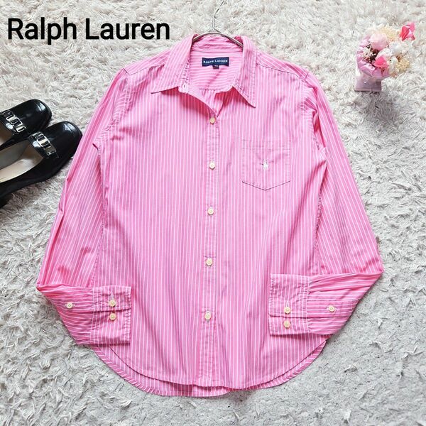 ラルフローレン 長袖 ストライプシャツ ポニー刺繍 ピンク Mサイズ やや着用感 長袖シャツ