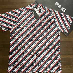 送料無料PING GOLFピンゴルフMENS Mr.PINGバイアスパターン半袖ハイネックシャツ吸水速乾DRY鹿の子肌サラベタ付軽減Navy(お買得3L)新品