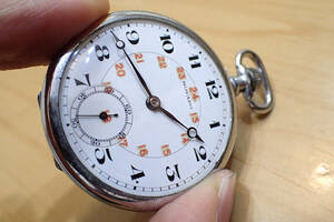 スイス製 モバード/MOVADO ◆ 24時間表示 琺瑯文字盤 美しいムーブメント アンティーク手巻き懐中時計