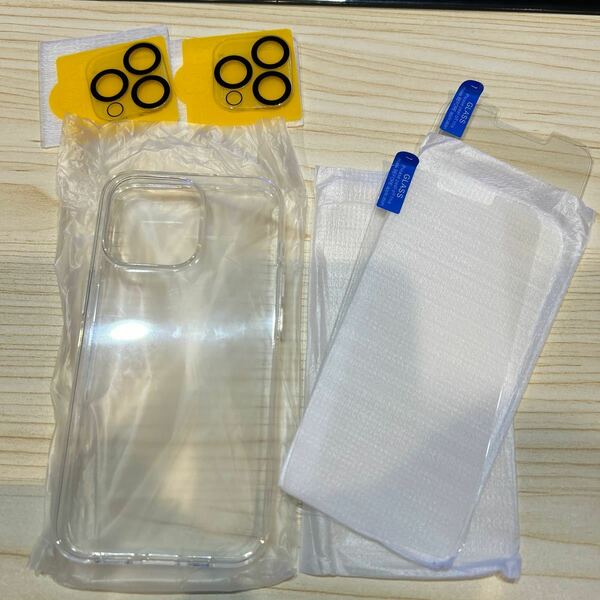 e211 iPhone13Pro用 ケース+ガラスフィルム（2枚）+カメラフィルム（2枚）セット 黄変防止 強化ガラス 保護フィルム 米軍MIL規格 クリア
