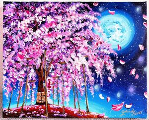 Art Auction Yoshiko Shindo [A hazy moonlit night with falling cherry blossoms] One-of-a-kind item. Authentic work. Painting. Landscape painting. Autographed. Canvas F No. 3. Cherry blossoms. Cherry blossoms at night. Full moon. Oboro moonlit night. Night view. Original painting., painting, oil painting, Nature, Landscape painting