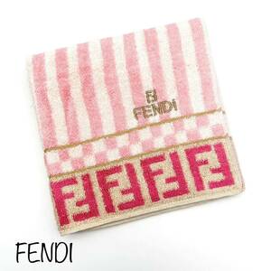 FENDI｜フェンディ タオルハンカチ 未使用品【アクティ】ピンク ズッカ柄 ストライプ ロゴ刺繍 綿 絹 シルク混 ブランド a337et oth