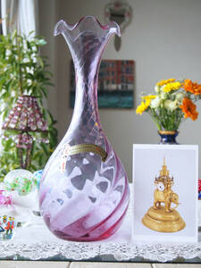 ヴェネツィアングラス*大きめフラワーベース花器花瓶*トスカンヴェトロ*底ずっしり安定*ベネチアンガラス*ムラーノグラス*ピンク紫水色変化