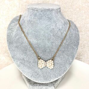 新品　パール　リボン　ハートネックレス　CZダイヤモンド　ゴールド　模造パール　可愛い　ハート　真珠ネックレス　