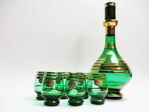 《ジャムルK》 hc0214-65◆送料無料◆ Bohemia　ボヘミア ガラス　デキャンタ グラス6個セット 金彩 グリーン 酒器セット ガラス工芸