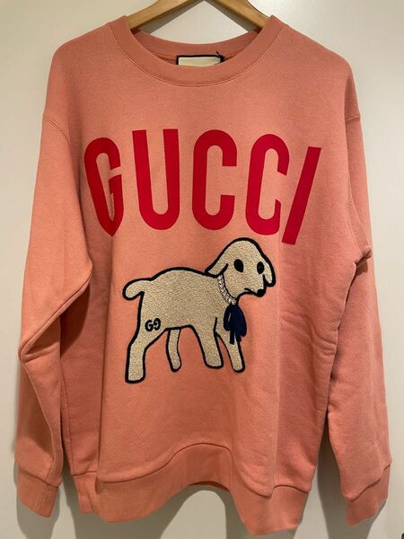 【新品】GUCCI グッチ ラム刺繍オーバーサイズ　スウェットシャツ ピンク S トレーナー ビジュー クルーネック レディース