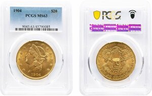 アメリカ　20ドル金貨　1904年　未使用品　女神　PCGS(MS63)