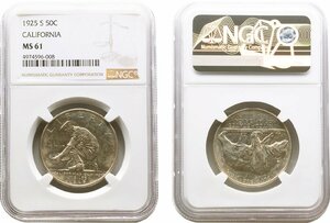 アメリカ　50セント銀貨　1925年S　未使用品　CALIFORNIA　NGC(MS61)