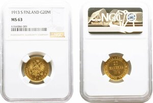 フィンランド　20マルッカ金貨　1913年S　未使用品　紋章　NGC(MS63)