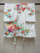 1円 良品 化繊 女児 子供着物 七五三 産着 白 扇子 草花 菊 橘 高級 袷 身丈95cm 身巾41cm【夢職】★★★_画像1