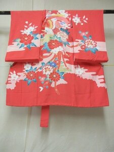 1円 良品 正絹 女児 子供着物 縮緬 七五三 産着 桃色 花喰い鳥 草花 鳳凰 高級 袷 身丈95cm 身巾48cm【夢職】★★★