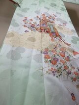 1円 良品 化繊 着物 訪問着 入学 卒業 暈し グラデーション 御所車 梅 菊 草花 雲 高級 袷 身丈152cm 裄63cm【夢職】★★★_画像4