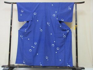 1円 良品 化繊 着物 小紋 洗える 青 花丸 藤 梅 網目 可愛い 高級 単衣 身丈141cm 裄69cm【夢職】★★★